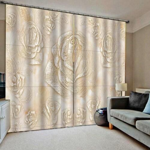 Beige flower curtains 3D Curtain Luxury Blackout Window Curtain Living Room stereoscopic curtains
