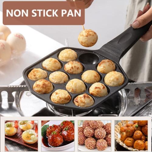 12/14 Hole Wooden Handle Octopus Balls Fry Pan Cast Iron Non-Stick Omelette Mold Quail Household Shrimp Egg Frying Pan Cookware