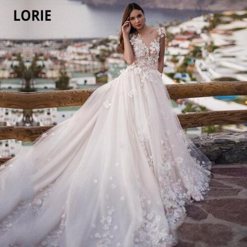 LORIE Bohemian Wedding Dresses O-Neck Appliques Lace 3D Flowers Lace Wedding Gown A-Line Boho Bridal Dress 2021
