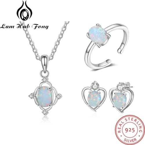 Bridal Jewelry Sets 925 Sterling Silver White Oval Opal Earrings Necklaces Open Rings Women Engagement Jewelry (Lam Hub Fong)