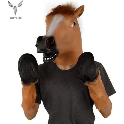WAYLIKE Brown Horsehead Mask Cosplay Halloween Mask Horseshoe Suit Latex Mask Horror Mask Full Face Horse Headgear Party Mask