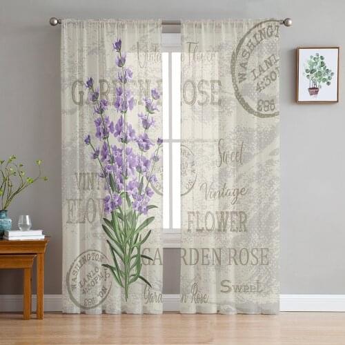 Purple Flowers Lavender Vintage Postcard Voile Tulle Sheer Curtains for Bedroom Living Room Kitchen Decor Window Curtain