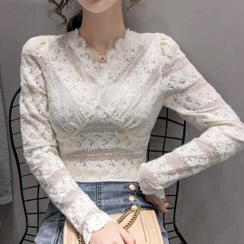 Autumn Sexy V Neck Flower Crochet Lace Blouse Puff Long Sleeve Slim Shirt French Lace Tops Womens Long Sleeve Top Elegant 16747