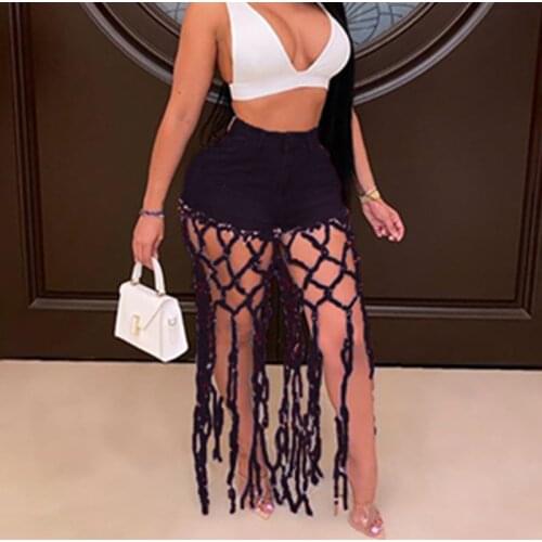 2021 Women Jeans Shorts High Waist Hollow Out Elastic Full Denim Pants Pockets Female Casual High Street Sexy Trousers
