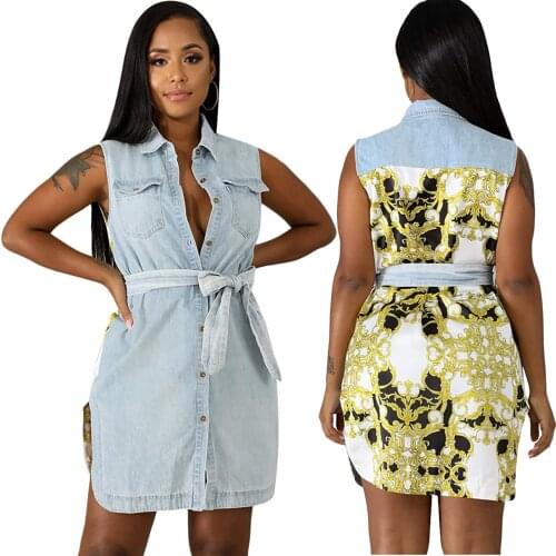 Patch pocket ladies denim dress short sleeve pocket single breasted ladies blouse knee-length party beach sexy ladies dress