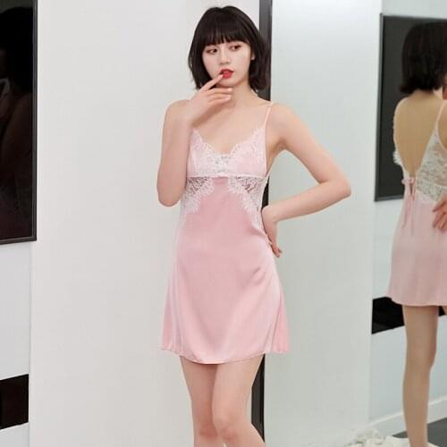Lace Backless See Through Sexy Lady Night Dress Sleeveless Split Pink Women Sleepwear Spring Home Mini Womens Night Dress