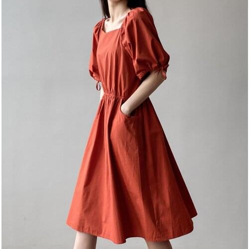 Square Collar Dress Womens 2021 Summer New French Style Retro Waist-Controlled Sweet Puff Sleeve A- line Skirt