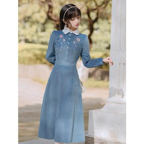 Retro Doll Collar Corduroy Embroidered Midi Dress 2021 Spring/Fall Long Sleeve Temperament Retro Vestidos elegantes para mujer