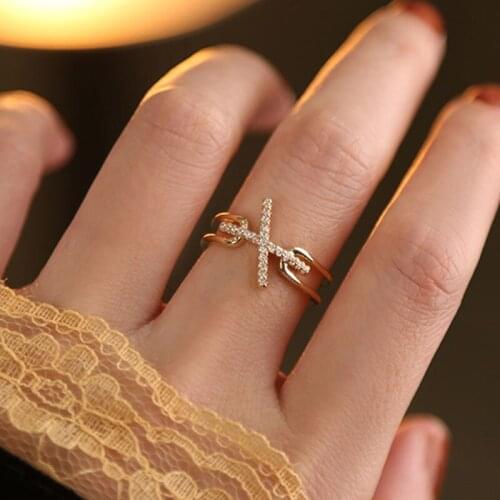 Simple Fashion Cubic Zirconia X Shape Gold Color Ring Geometric Hollow Vintage Open Letter Rings For Women Personality Jewelry