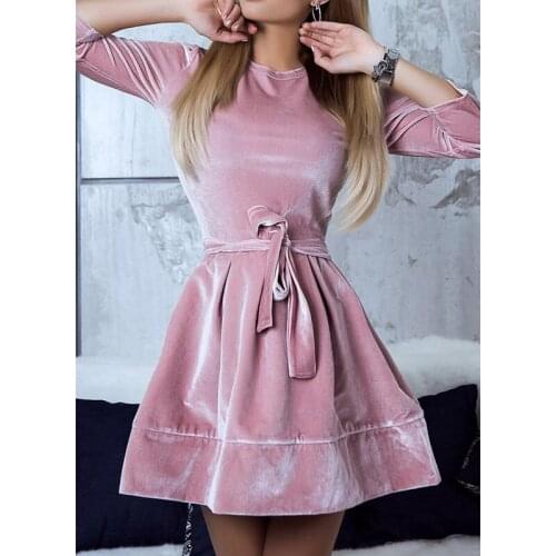 Women winter O neck long sleeve mini A line pink wine red green brown dress
