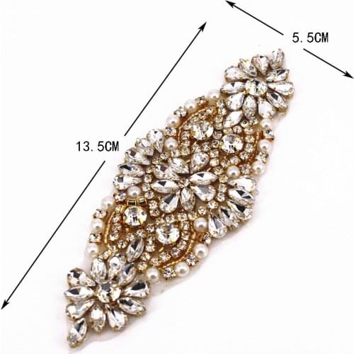 1 Pcs Handmade Bridal DIY Gold Crystal Rhinestones Appliques For Bridal Gown Sash AccessoryIron On Patch Motif Applique