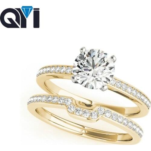 QYI Solid 14k Yellow Gold Solitaire Engagement Ring Sets1ct Round Cut Simulated Diamond Jewelry Two Tone Wedding Rings For Women