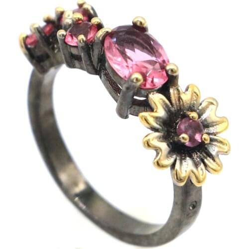 18x13mm Sublime Antique Vintage 18x13mm 6.9g Pink Kunzite White Pearl Black Gold Silver Rings