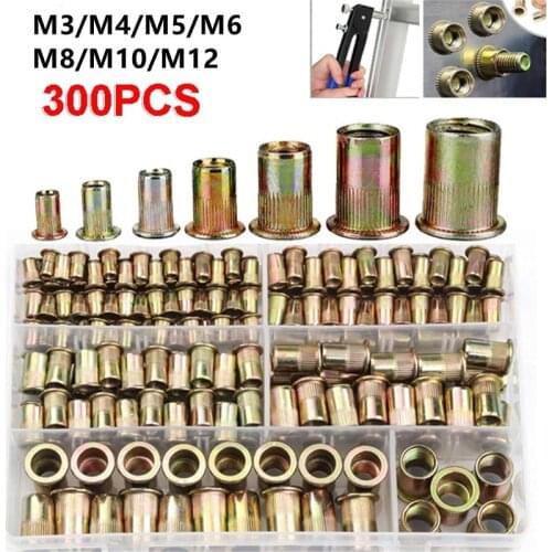 300/220/170/120pcs Box Carbon Steel Rivet Nuts Carbon Steel Flat Head Rivet Nuts Set M3 M4 M5 M6 M8 M10 M12 Hardware Parts