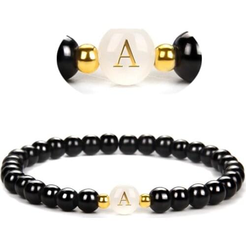 A-Z Capital Letter Bracelets For Women Men Couple Shell Mother Of Pearl Black Onyx 6mm Bracelet 26 Alphabet Initial Name Jewelry