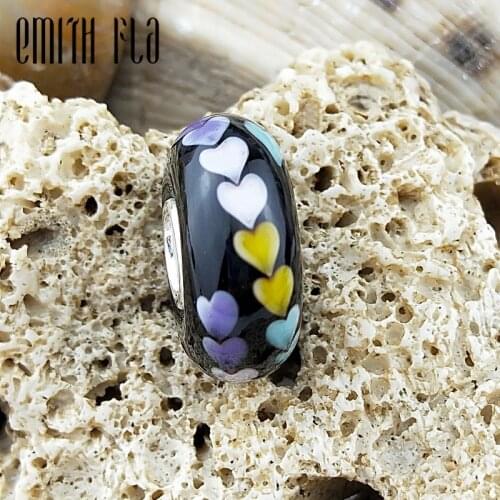 Emith Fla 925 Sterling Silver Large Hole Heart Murano Glass Beads European Charm Beads Fit Brand Bracelet Beads Jewelry Gift