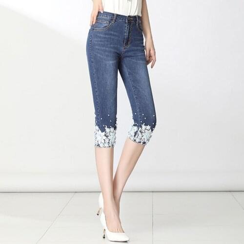 FERZIGE 2021 Luxury Beading Embroidery Pants Women Fashions Skinny High Waist Jeans Female Casual Slim Fit Plus Size 36