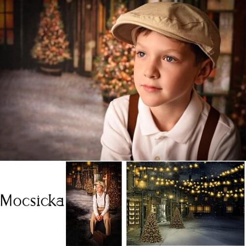 Retro Christmas Street Portrait Background Bokeh Snow LightBackdrop Christmas Tree Vintage Winter Xmas Birthday Photography Prop