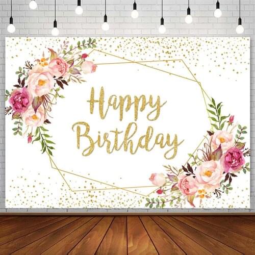 Happy Birthday Party Backdrops Pink Flowers Gold Dots Girl Decor Woman Photography Background Photoshoot Studio Photozone Props