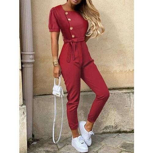 Womens Jumpsuit Summer Casual Short Sleeve Long Pants Overalls Outfits Red Plus Size One Piece Romper Playsuit Female Clothing