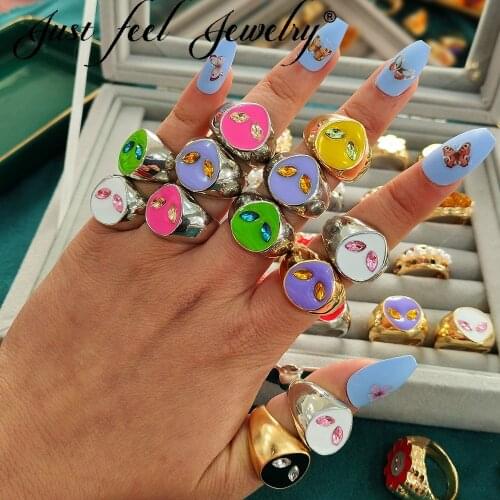 JUST FEEL Cute Alien Metal Rings Gold Silver Color Fashion Statement Multicolor Crystal Enamel Rings Unisex Best Jewelry Gift