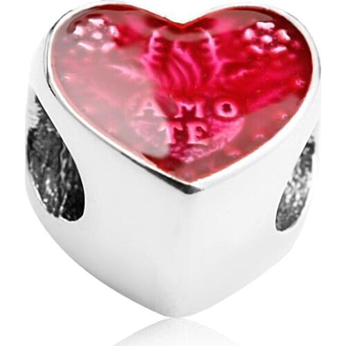 Real 925 Sterling Silver Amo Te Latin Heart Charm Beads Fit Original Charm Bracelets DIY Jewelry