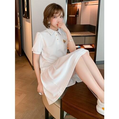 Lapel button half cardigan bubble sleeve solid simple shirt dress 2021 Spring new