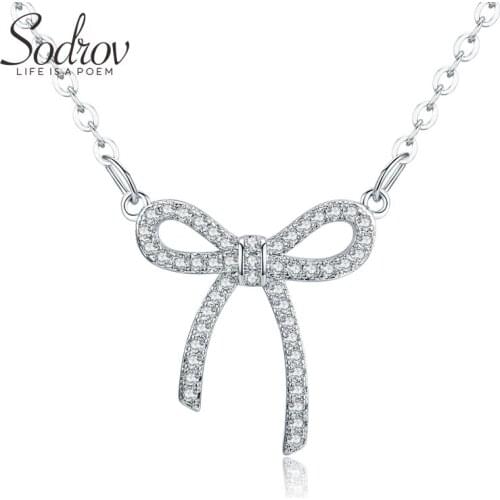 Sodrov S925 Cute Bow Necklace 925 Sterling Silver Female Classic Personality Fine Jewelry for Women