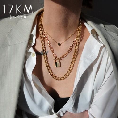 17KM Vintage Multilayer Heart Lock Pendant Necklace For Women Fashion Gold Silver Color Thick Chain Necklace 2021 Jewelry Gift