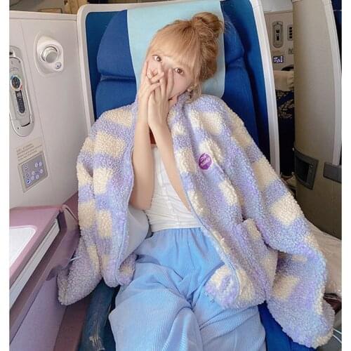 Zip Up Korean Plaid Sweet Furl Coat Overcoat 2021 New Women Japanese Style Kawaii Teddy Lamb Wool Jacket Soft Girl Lolita Coats