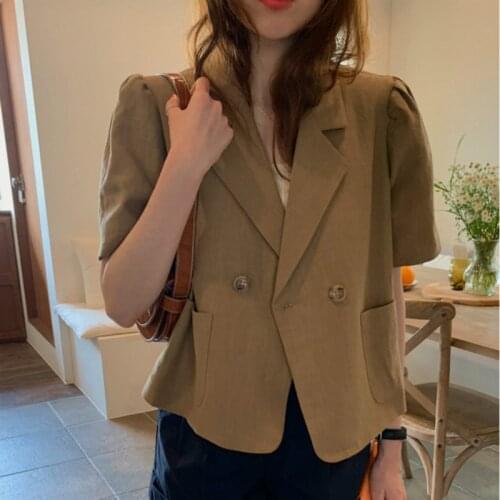 2020 Women Summer Cotton and Linen Thin Short Blazer Coat Elegant Jacket Short Sleeve Loose Outwear Single Button Pockets