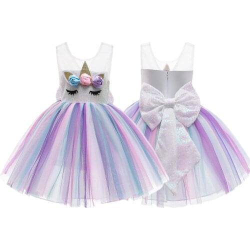 Sequins Unicorn Tutu Dress Princess Girls Birthday Party Dress Up Dresses Back with Big Shiny Bow Children Sleeaveless Dress