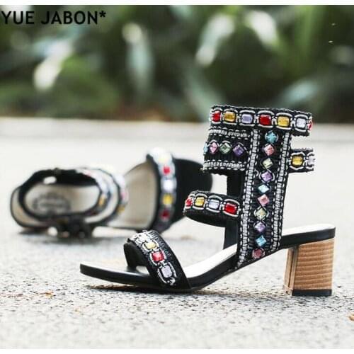 Rome Style Casual Street Style zip Gladiator Sandals Crystal Open Toe Women Pumps Rome Sandals Square High heels Woman shoes