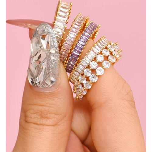 Luxury Micro Paved Square Round Multicolor CZ Zircon Rings For Women Fashion Party Gold Color Metal Thin Finger Jewelry Gifts