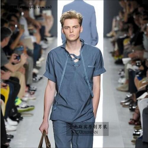 S-3xl Hot Summer New Catwalk Fashion Tide Mens Blue T-shirt Silk Material Short Sleeve Shirts Singer Stage Costumes Clothing