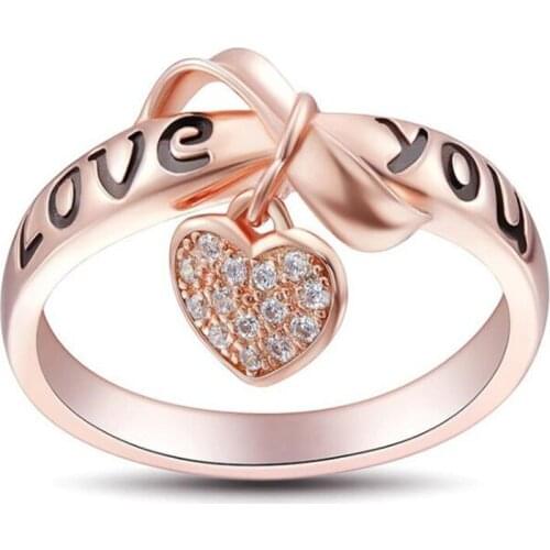 Creative Heart Shaped Crystal Letter Bow Ring for Women Rose Gold Index Finger Ring Fashion Female Accessories
