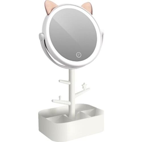 Makeup Mirror Desk Lamp, 3 in 1 USB Charging Lighted Makeup Vanity Mirror Desk Lamp Storage Creative Cartoon Pet Style