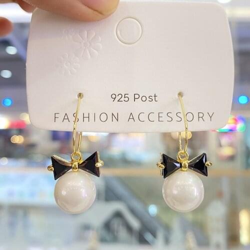 Fashion sweet black bow pearl pendant earrings female wild simple temperament 2021 New Trend exquisite Women Jewelry Earrring