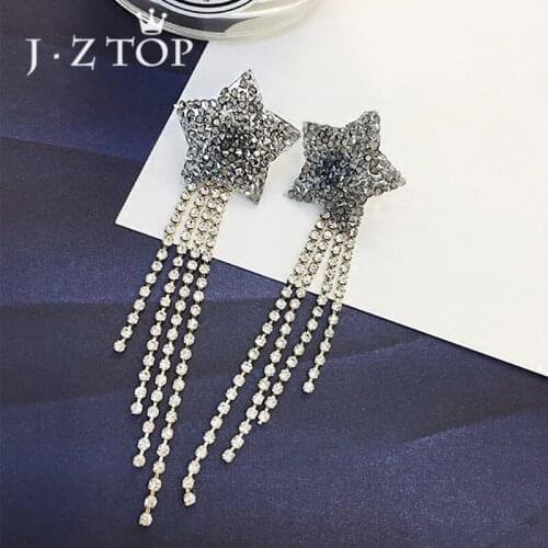 JZTOP Crystal Tassel Stud Earrings Five Pointed Star Imitation Pearl Post Hanging Long Earrings Woman Fashion Wedding Jewelry