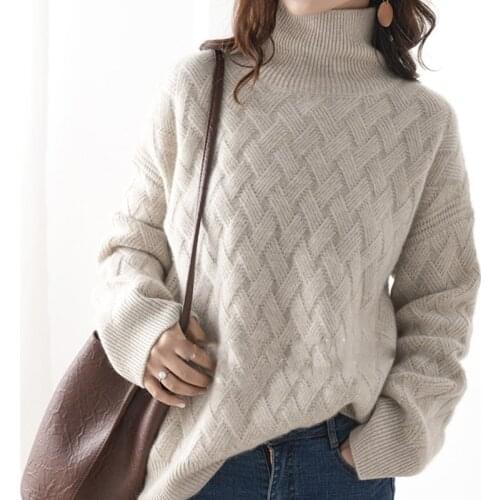 Autumn and winter new cashmere sweater women high neck pullover loose large size thick sweater 100% wool mid-length sweater