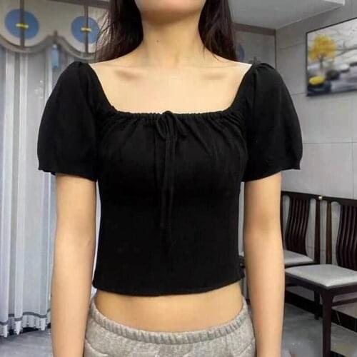 Summer Sweet Beautiful Collar Tie Up Umbilical Soaked Sleeves Knitted Female Bottoming Top