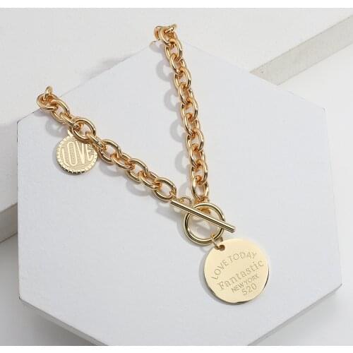 AENSOA AENSOA Vintage Carved Letter Round Pendant Choker Necklace for Women Gold Color Fashion Chunky Chain Necklaces Jewelry