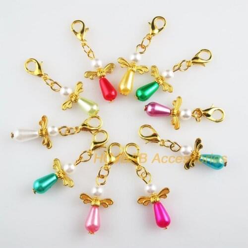 10 New Tiny 13.5x23mm Angel Charms Mixed Teardrop Acrylic Gold Color Retro With Lobster Claw Clasps