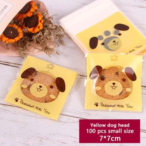 100pcs Cookies Self Adhesive Soap Biscuits Package Bag Yellow Bottom Cartoon Puppy Head Colorful Wedding Birthday Party Gift Bag
