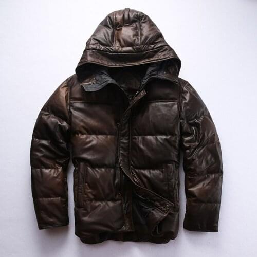 2019 mens hooded leather down jacket winter genuine leather coat men vintage Camouflage brown causal sheepskin jacket male