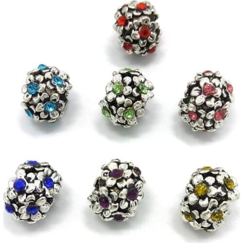 Free shipping 50pcs 11mm antique silver plated 10 flowers design rhinestone big hole alloy beads fit European bracelet DIY