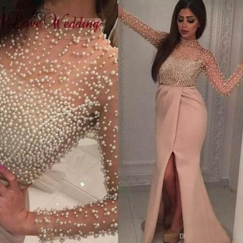 New Arrival 2020 Sexy Halter Pearl Beaded Long Sleeves Side Split Custom made Pink Long Prom Dresses
