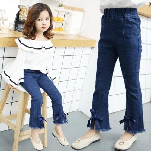 Flare Jeans Pants For Girls Spring Denim Elastic Waist Childrens Jeans Casual Bowknot Jeans Pants For Girls 6 8 10 12 14 Year