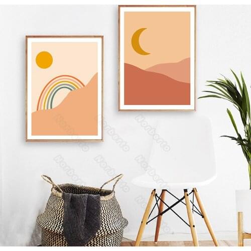 Canvas Painting and Posters Bright Colors Orange Sun and Moon Red Mountains Colorful Rainbow for Home or Kid Rooms Wall Decorati