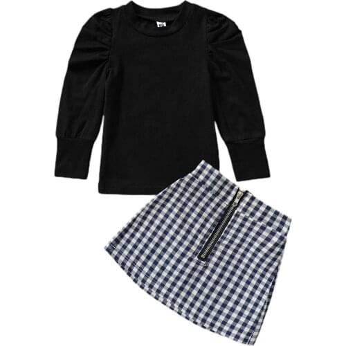1-4Years Girl’s Outfits Two Piece Suit Fashion Solid Color Long Sleeve T-shirt and Plaid Short Skirt